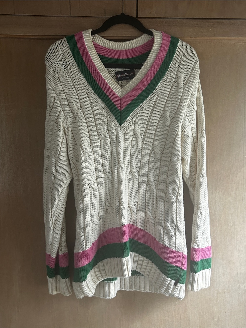 Rowing Blazers Cream Cable-Knit V-Neck Sweater with Pink & Green Trim